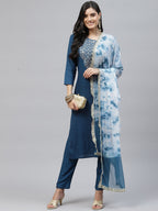 HERE&NOW Women Blue Embroidered Kurta with Trousers & Dupatta | Grocsy