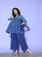 Ahalyaa Blue Pure Cotton Tunic & Palazzos Ethnic Co-Ords | Grocsy