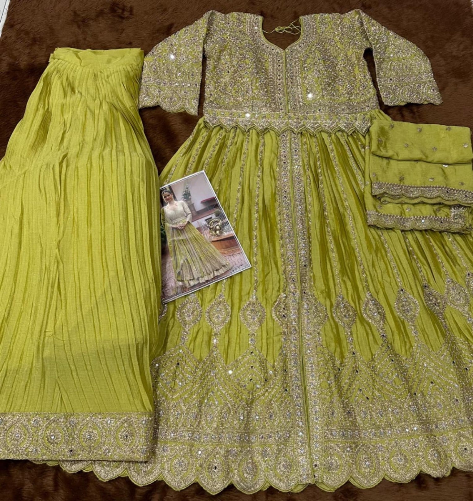 Anaita Olive Chinon Silk Stitched Anarkali Suit With Embroidered & Sequined Work | Grocsy