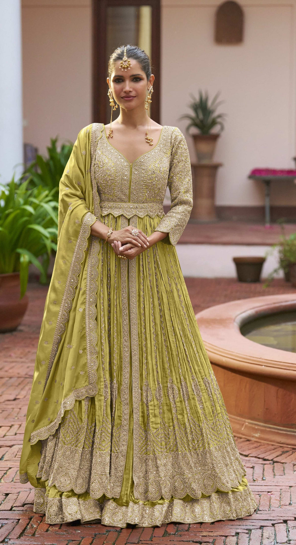 Anaita Olive Chinon Silk Stitched Anarkali Suit With Embroidered & Sequined Work | Grocsy