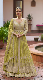 Anaita Olive Chinon Silk Stitched Anarkali Suit With Embroidered & Sequined Work | Grocsy