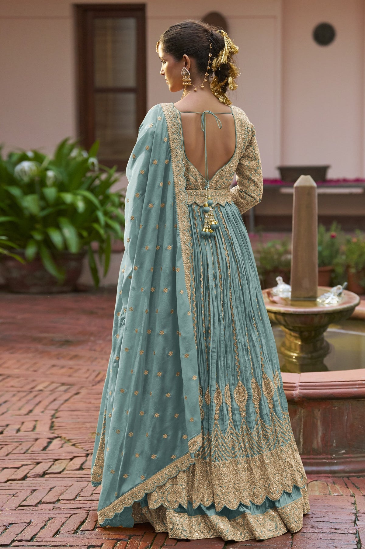 Anaita Blue Chinon Silk Stitched Anarkali Suit With Embroidered & Sequined Work | Grocsy