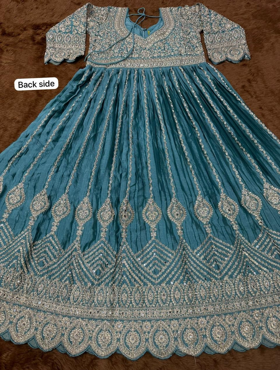 Anaita Blue Chinon Silk Stitched Anarkali Suit With Embroidered & Sequined Work | Grocsy