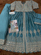 Anaita Blue Chinon Silk Stitched Anarkali Suit With Embroidered & Sequined Work | Grocsy