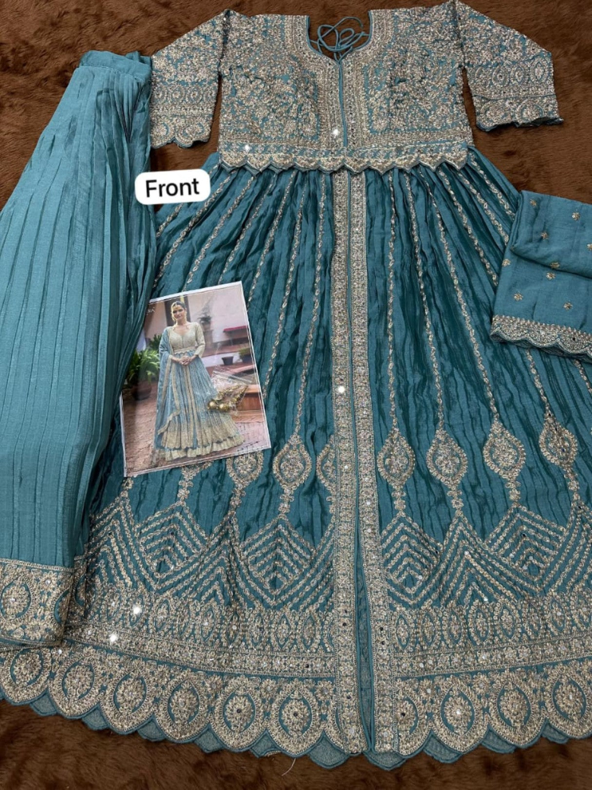 Anaita Blue Chinon Silk Stitched Anarkali Suit With Embroidered & Sequined Work | Grocsy
