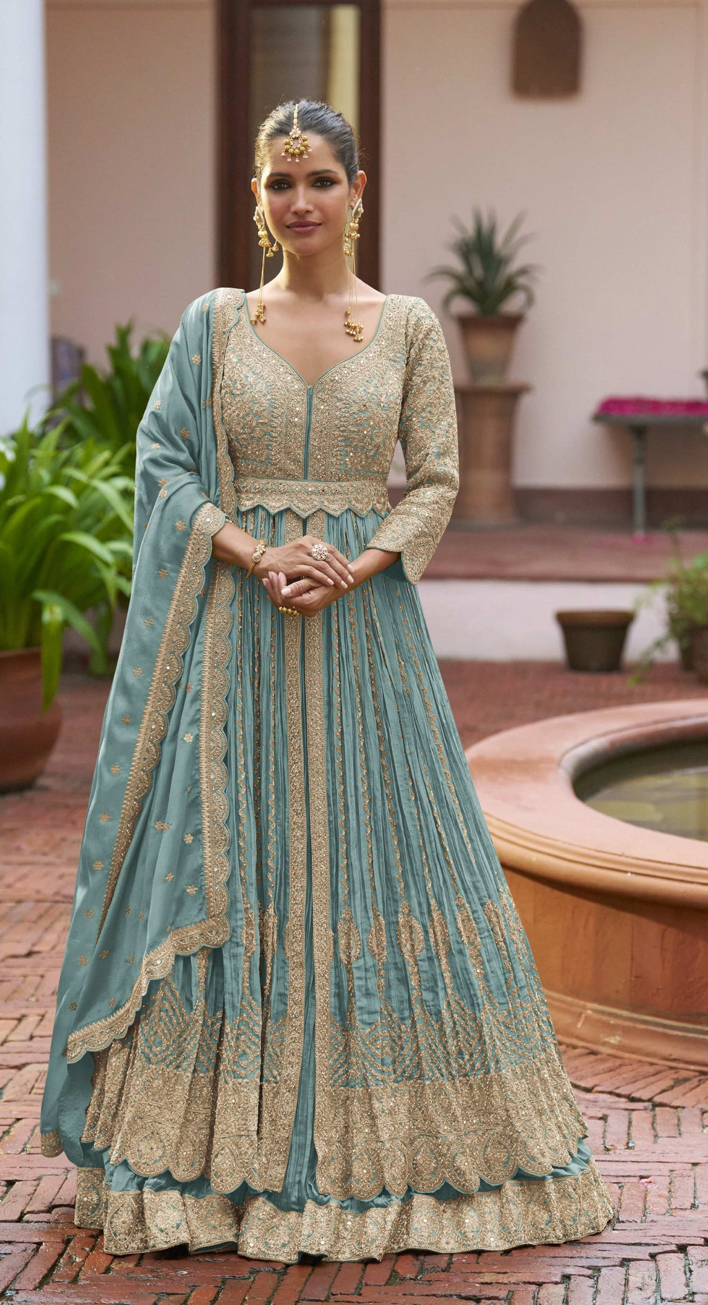 Anaita Blue Chinon Silk Stitched Anarkali Suit With Embroidered & Sequined Work | Grocsy