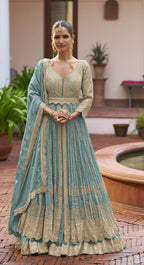 Anaita Blue Chinon Silk Stitched Anarkali Suit With Embroidered & Sequined Work | Grocsy