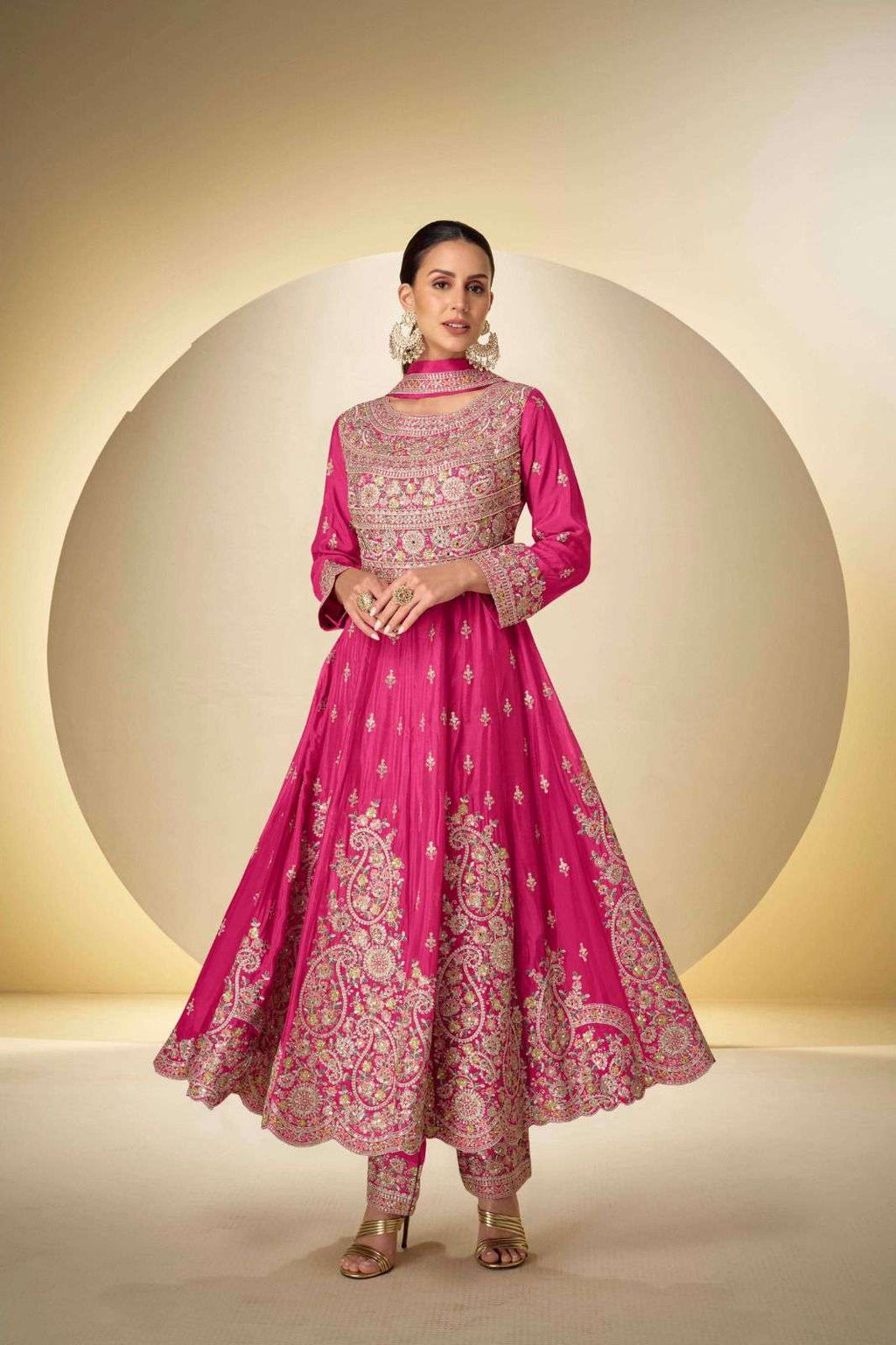 Anaita Pink Chinon Stitched Anarkali Suit With Codding Dori & Sequence Work | Grocsy