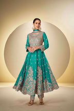 Anaita Turquoise Chinon Stitched Anarkali Suit With Codding Dori & Sequence Work | Grocsy