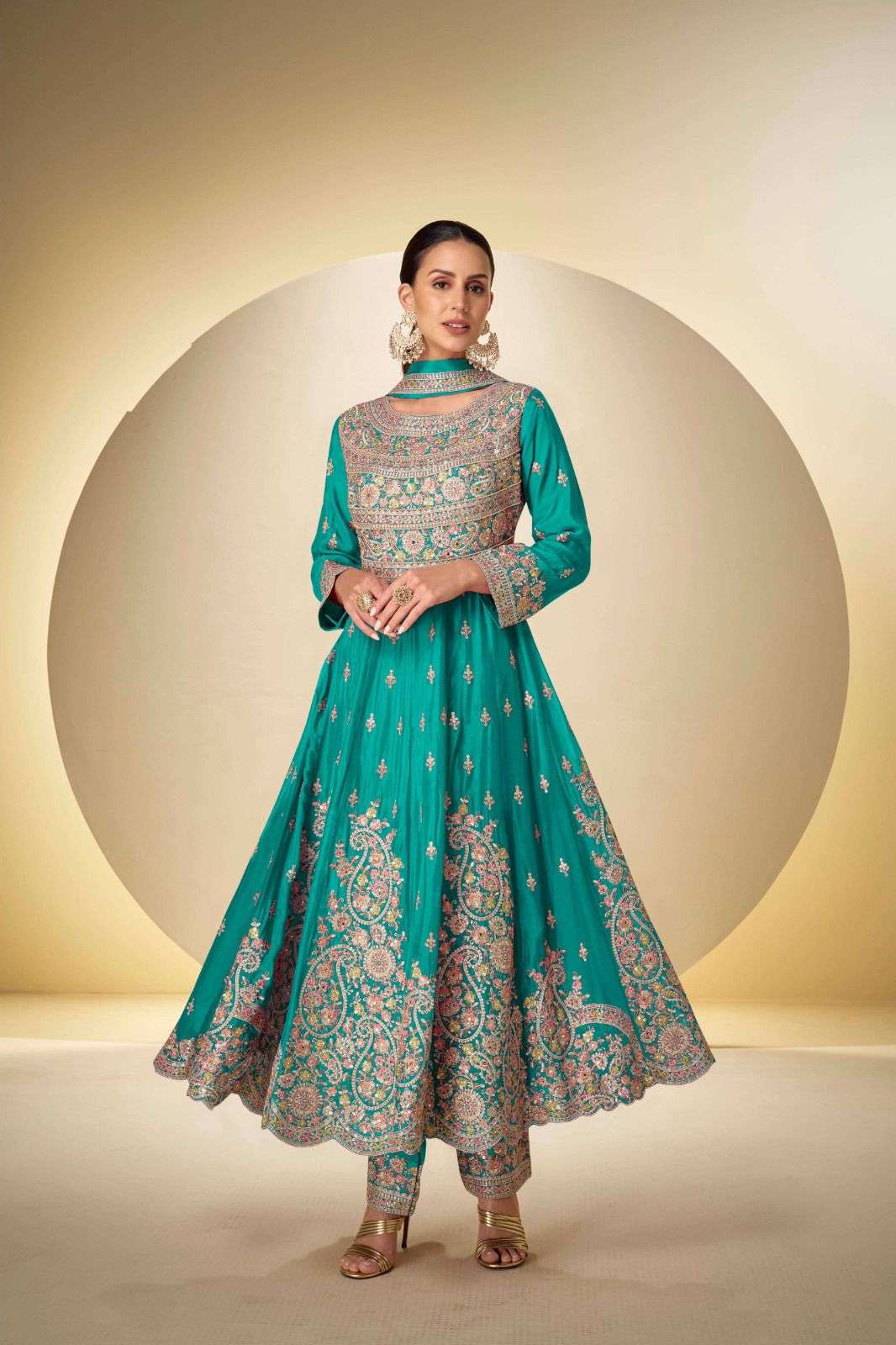 Anaita Turquoise Chinon Stitched Anarkali Suit With Codding Dori & Sequence Work | Grocsy