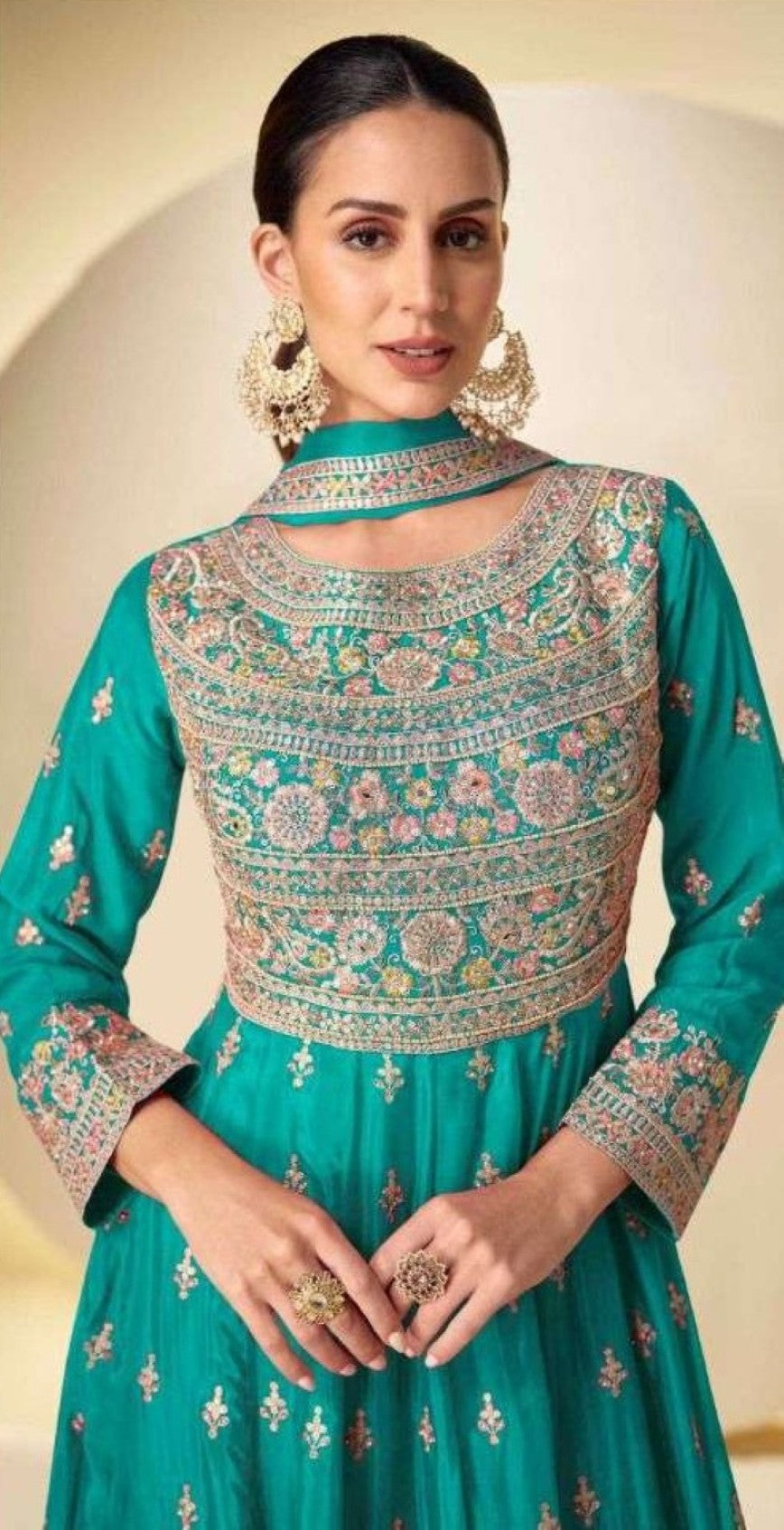 Anaita Turquoise Chinon Stitched Anarkali Suit With Codding Dori & Sequence Work | Grocsy