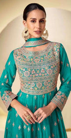 Anaita Turquoise Chinon Stitched Anarkali Suit With Codding Dori & Sequence Work | Grocsy