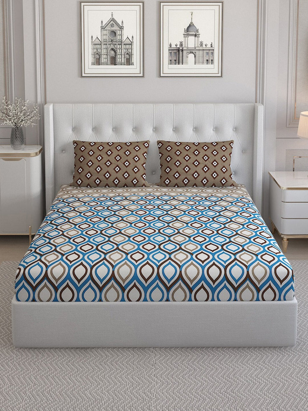 Monte Carlo Sailsbury White Printed Cotton 152 TC King Bedsheet With 2 Pillow Covers | Grocsy