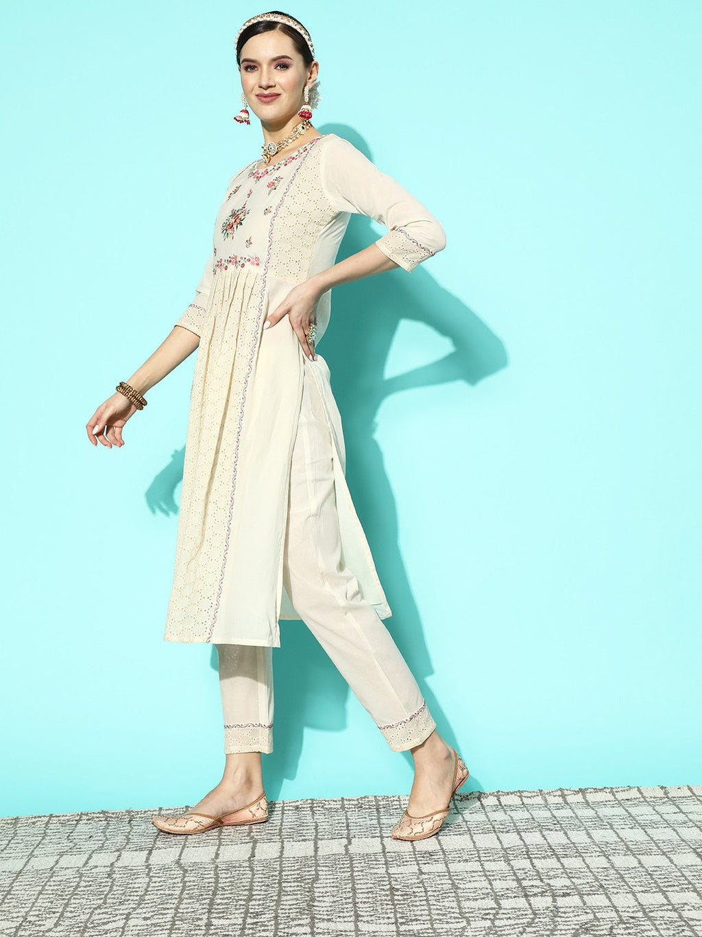 Sangria Women Floral Embroidered Sequinned Pure Cotton Kurta with Trousers & With Dupatta | Grocsy