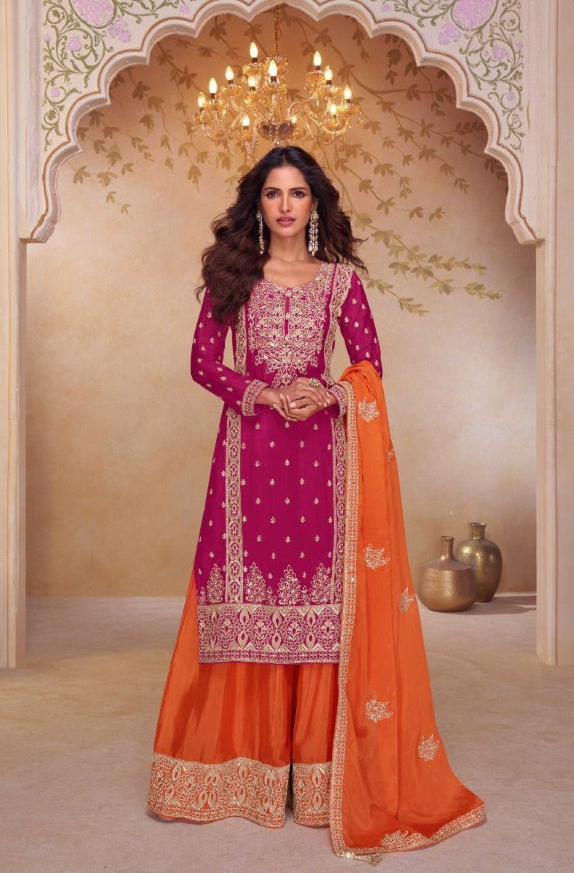 Anaita Rani Pink Stitched Plazzo Suit with Embroidery & Sequence Work | Grocsy