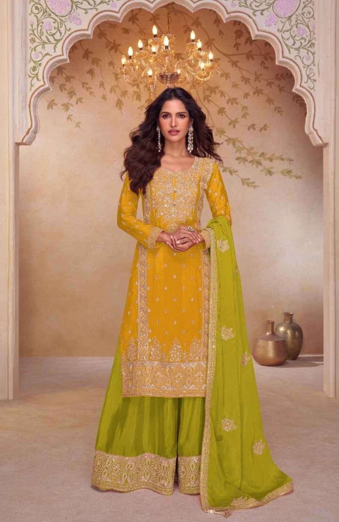 Anaita Yellow Stitched Plazzo Suit with Embroidery & Sequence Work | Grocsy