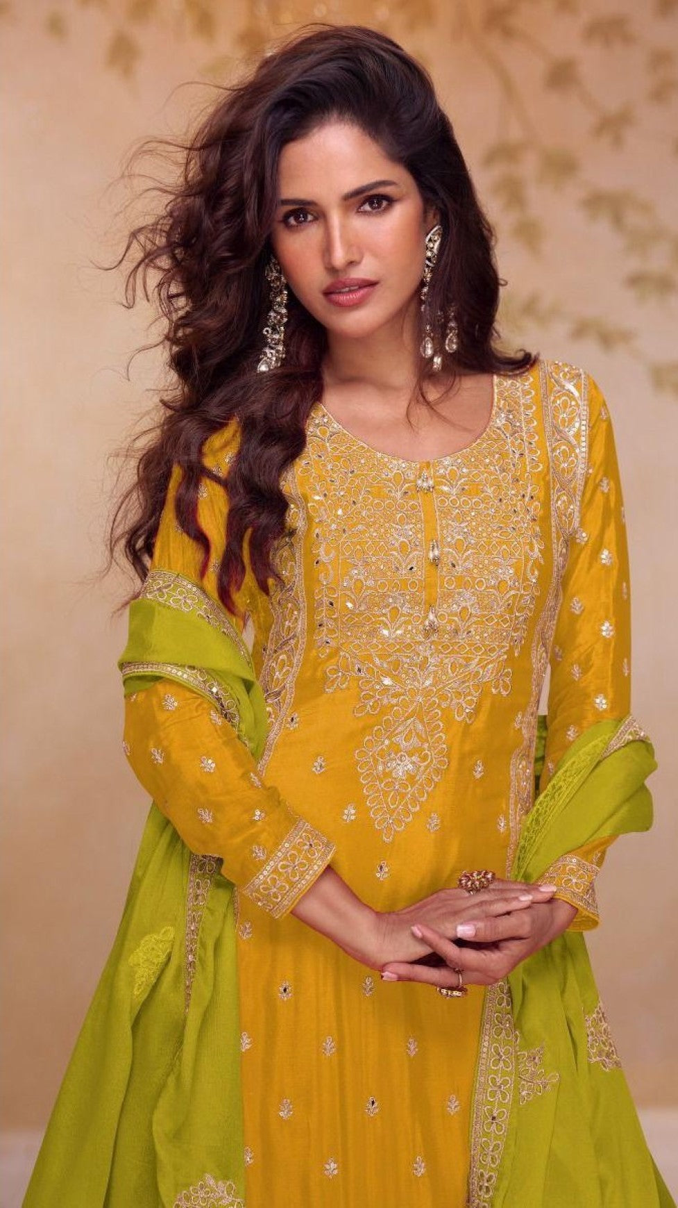 Anaita Yellow Stitched Plazzo Suit with Embroidery & Sequence Work | Grocsy