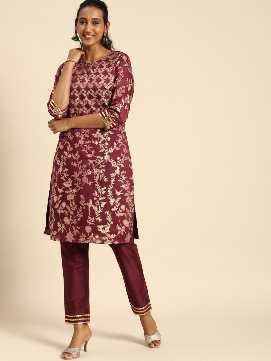All About You Women Purple & Gold-Toned Ethnic Motifs Printed Regular Kurta with Trousers | Grocsy