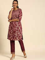 All About You Women Purple & Gold-Toned Ethnic Motifs Printed Regular Kurta with Trousers | Grocsy