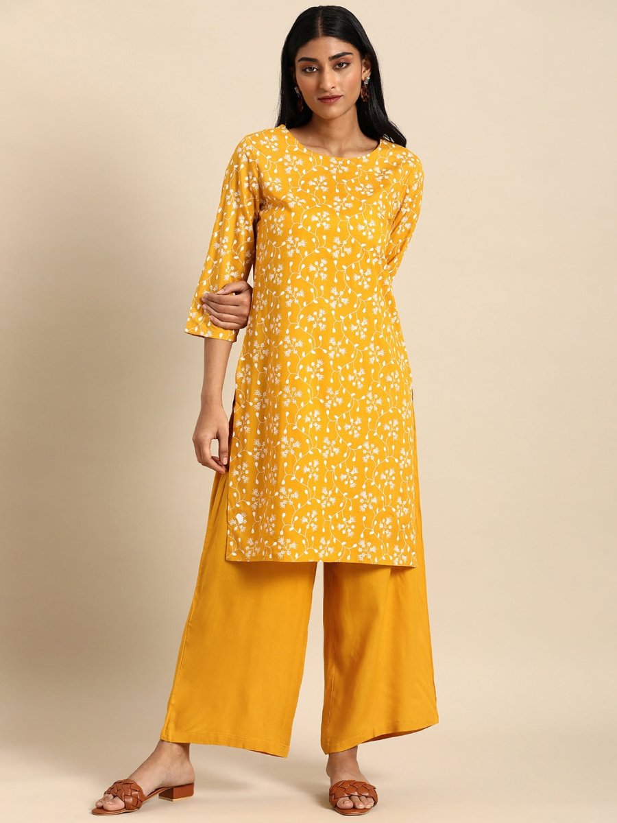 All About You Women Yellow Floral Printed Pure Cotton Kurta with Palazzos | Grocsy