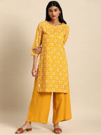 All About You Women Yellow Floral Printed Pure Cotton Kurta with Palazzos | Grocsy