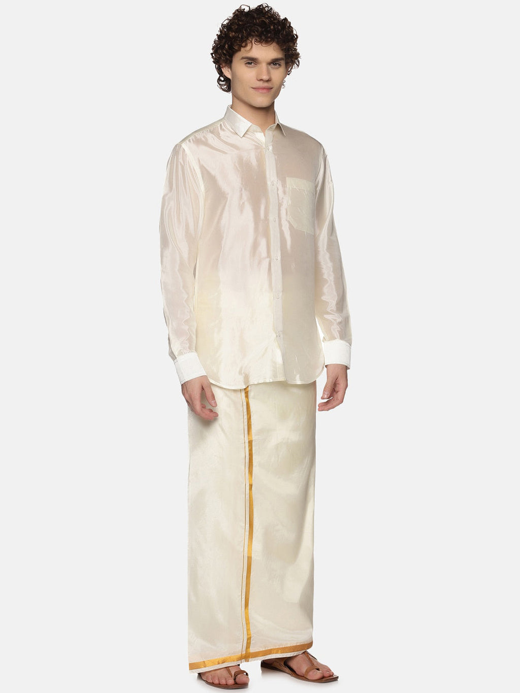 Sethukrishna Men Cream-Coloured Solid Art Silk Dhoti | Grocsy