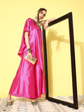 InWeave Women's Pink Green Brocade Satin Oneshoulder Kurta Set | Grocsy