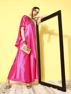 InWeave Women's Pink Green Brocade Satin Oneshoulder Kurta Set | Grocsy