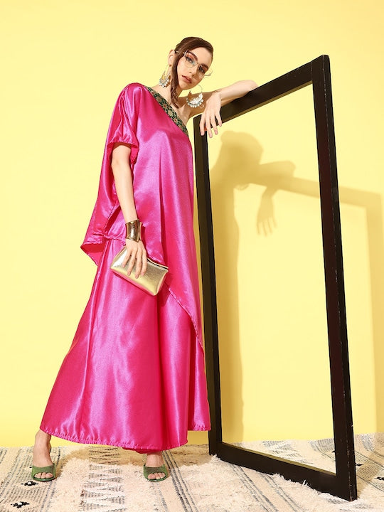 InWeave Women's Pink Green Brocade Satin Oneshoulder Kurta Set | Grocsy
