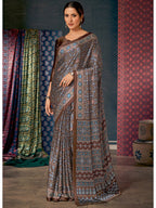 Saree Mall Brown & Blue Ethnic Motifs Printed Pure Crepe Block Print Saree | Grocsy