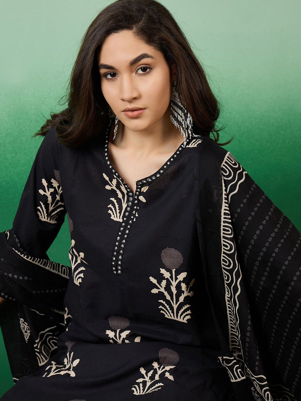 Sangria Notch Neck Printed Pure Cotton Kurta With Trousers & Dupatta | Grocsy