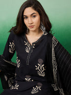 Sangria Notch Neck Printed Pure Cotton Kurta With Trousers & Dupatta | Grocsy