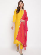 Janasya Women Mustard Yellow Solid Kurta with Trousers & Dupatta | Grocsy