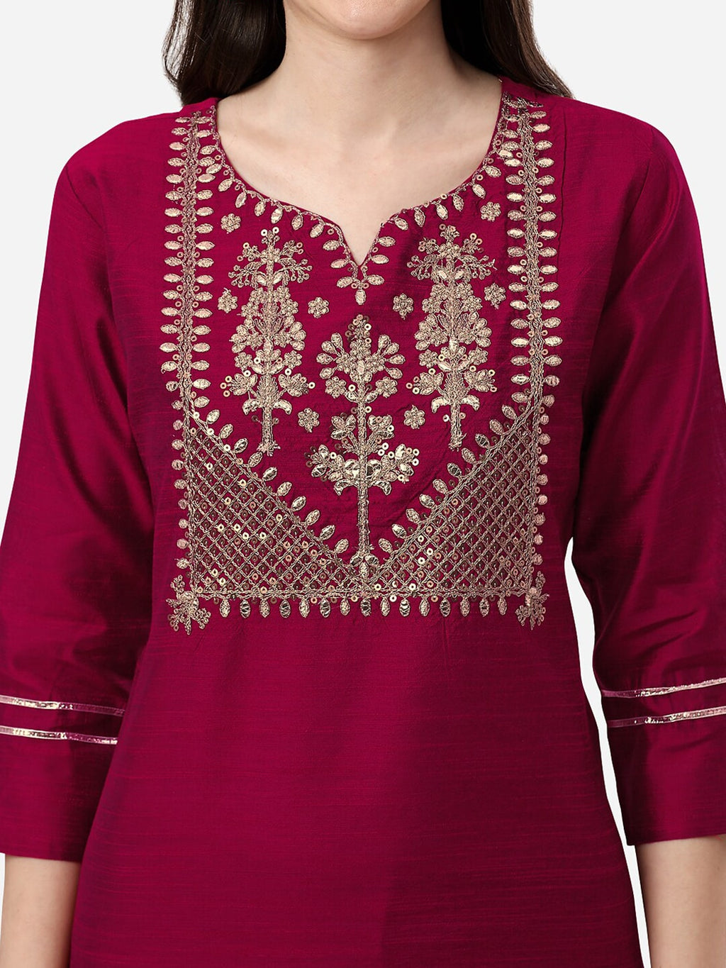 HERE&NOW Women Magenta & Golden Floral Embroidered Kurta | Grocsy