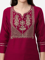 HERE&NOW Women Magenta & Golden Floral Embroidered Kurta | Grocsy