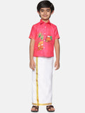 Sethukrishna Boys Pink & White Printed Shirt With Pure Cotton Dhoti Pants | Grocsy