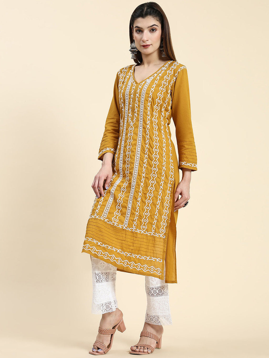 HOUSE OF KARI Ethnic Motifs Embroidered Chikankari Cotton Kurta | Grocsy