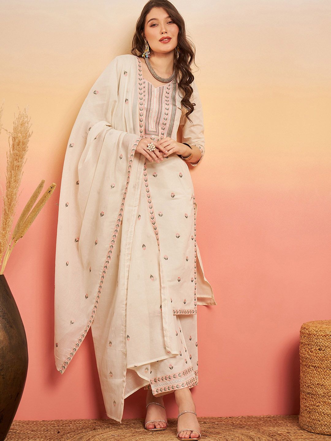 Sangria Embroidered Pure Cotton Regular Kurta & Trousers With Dupatta | Grocsy