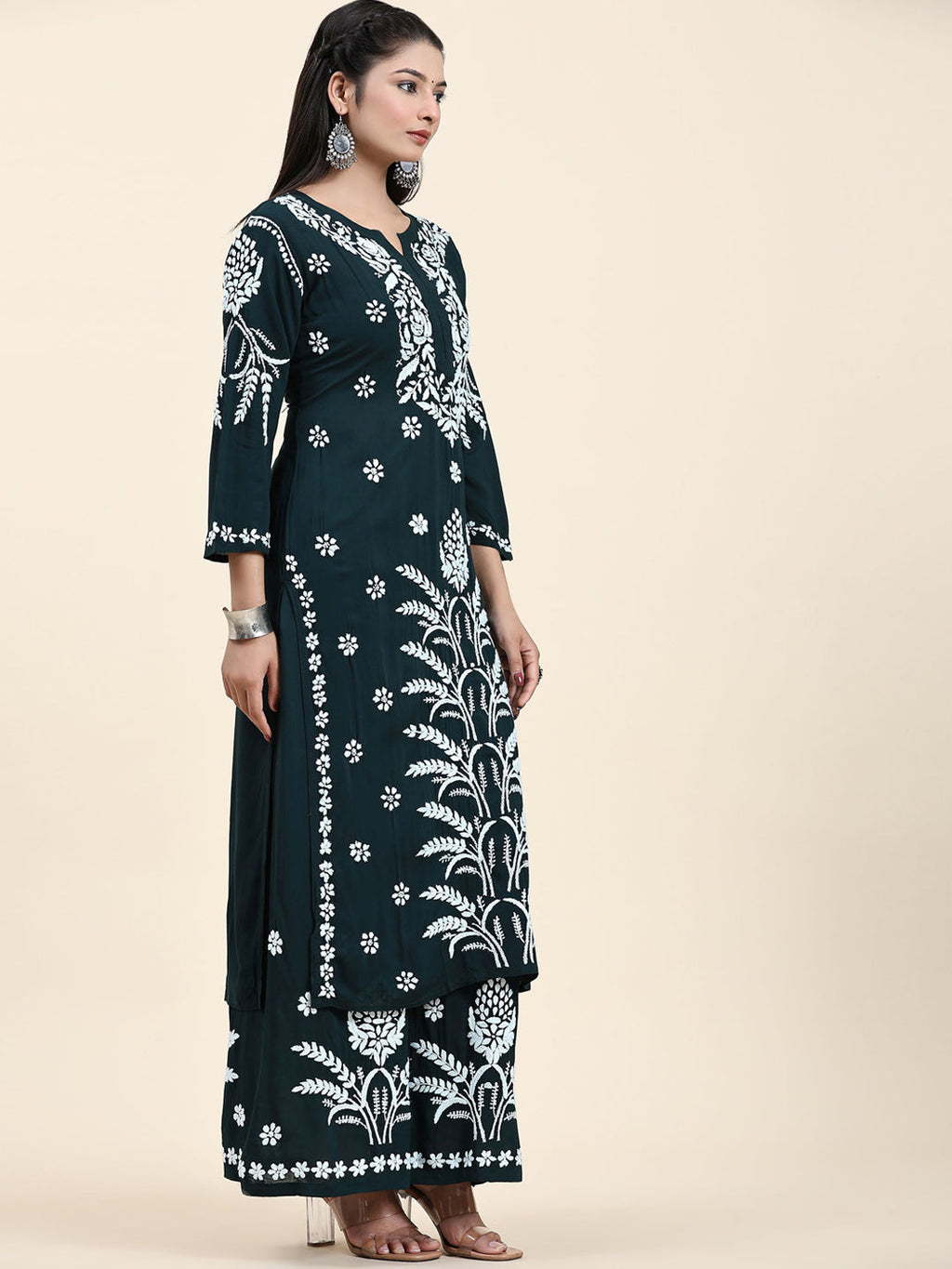 HOUSE OF KARI Floral Embroidered Chikankari Pure Cotton Straight Kurta With Palazzo | Grocsy