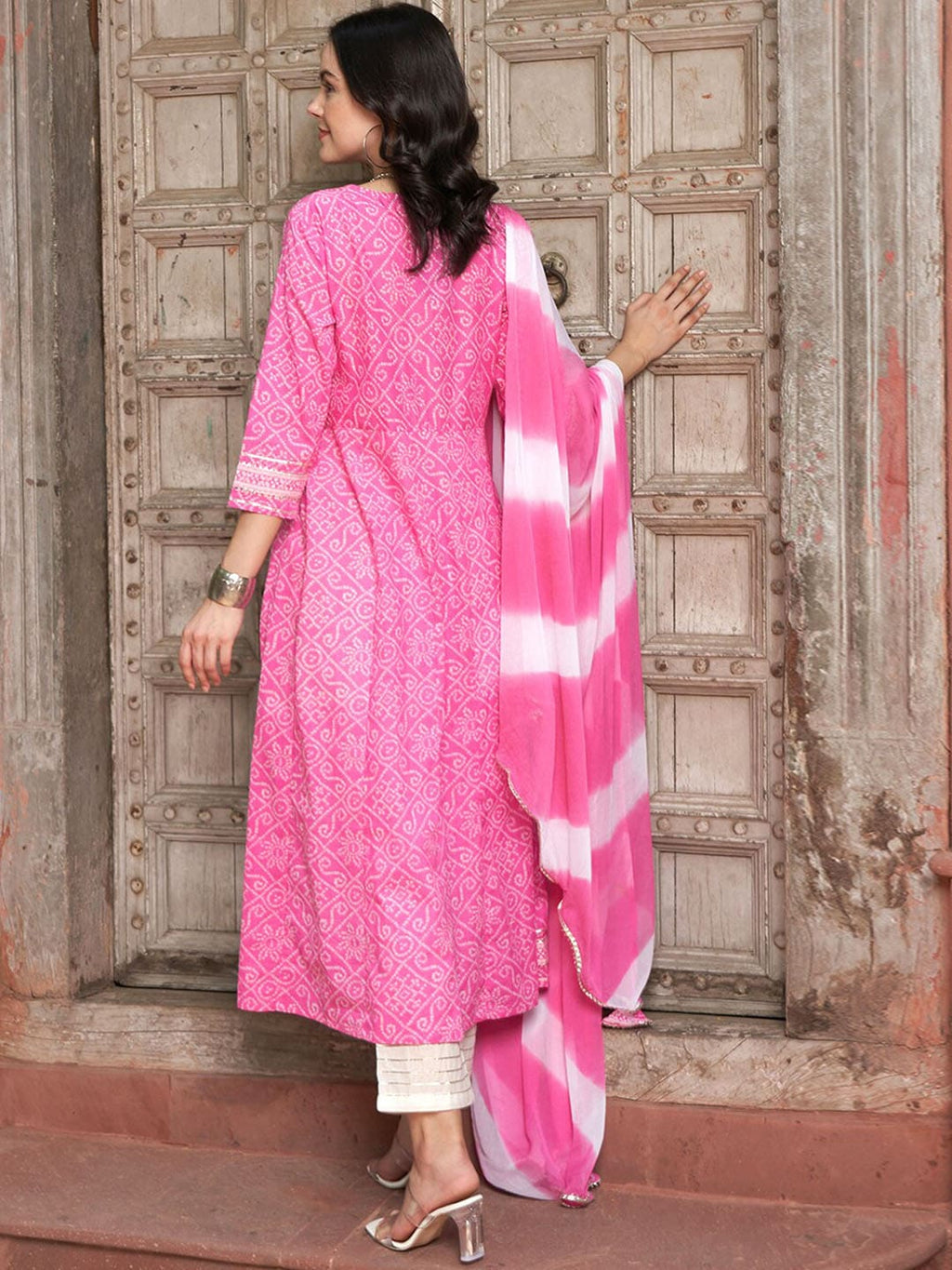 Sangria Pink Bandhani Printed Angrakha Mirror Work Pure Cotton Kurta Set | Grocsy