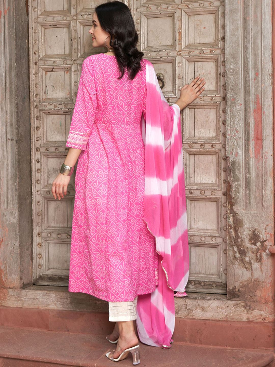 Sangria Pink Bandhani Printed Angrakha Mirror Work Pure Cotton Kurta Set | Grocsy