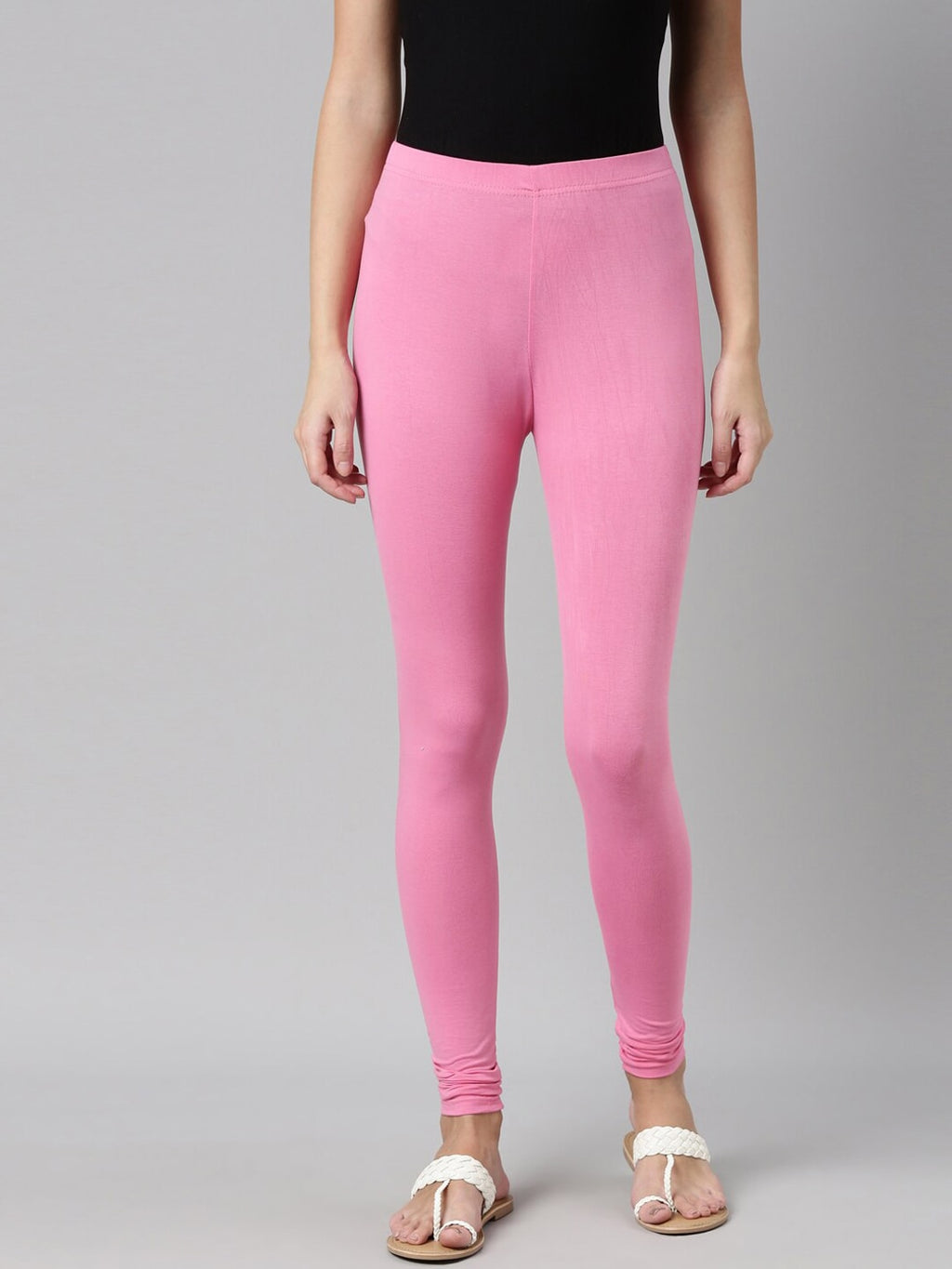 Souchii Pink Solid Slim-Fit Churidar-Length Leggings | Grocsy