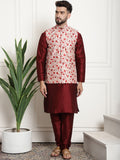Sojanya Men Maroon & Beige Self Design Kurta with Churidar & Nehru Jacket | Grocsy