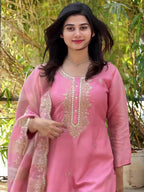 The52 Women's Gorgeous Cotton Blend Embroidery Straight Kurta with Pant And Dupatta Set | Grocsy