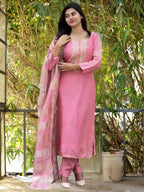 The52 Women's Gorgeous Cotton Blend Embroidery Straight Kurta with Pant And Dupatta Set | Grocsy