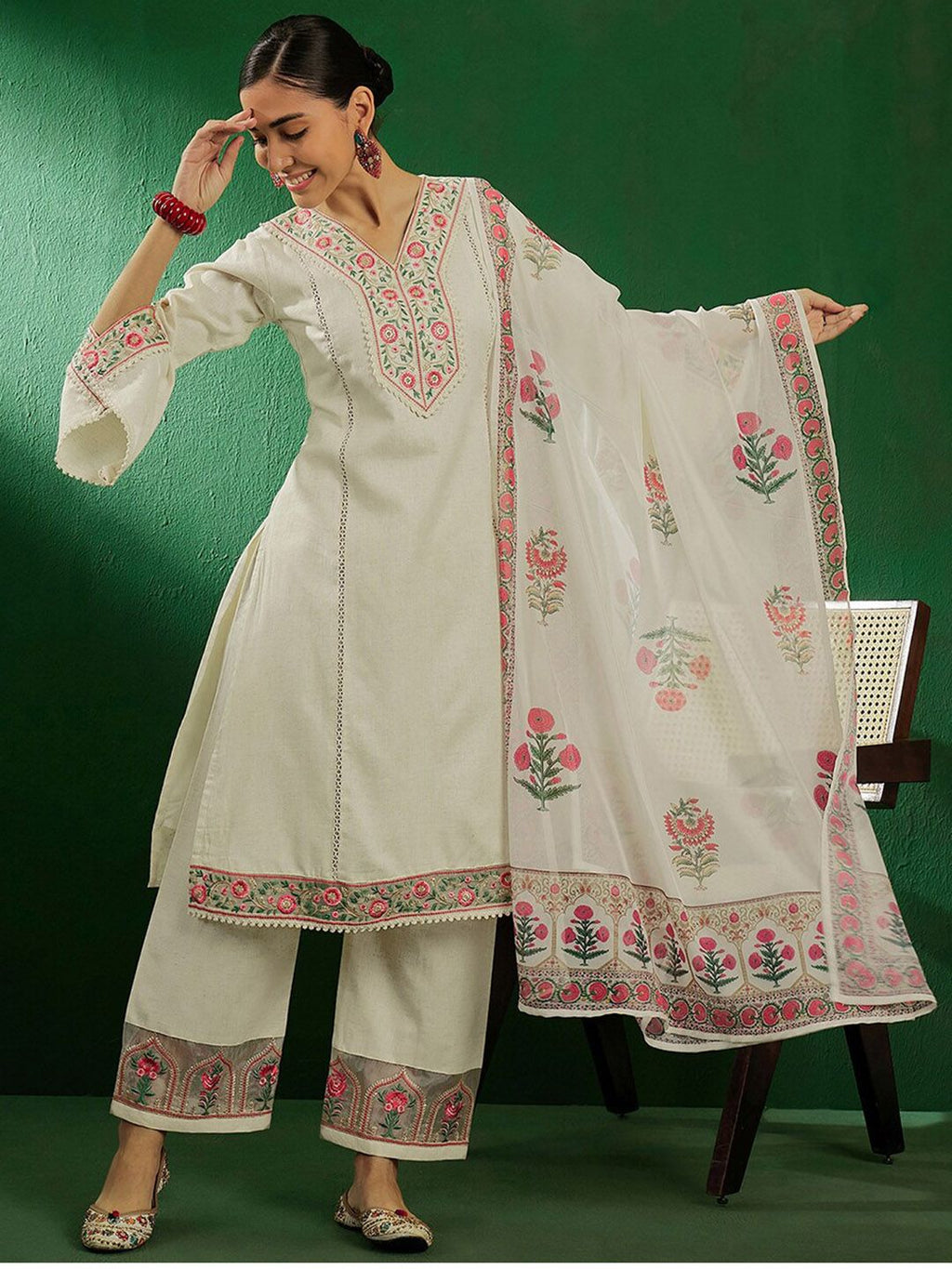 Sangria Off White Floral Embroidered Pure Cotton Kurta With Palazzo & Dupatta | Grocsy