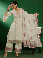 Sangria Off White Floral Embroidered Pure Cotton Kurta With Palazzo & Dupatta | Grocsy