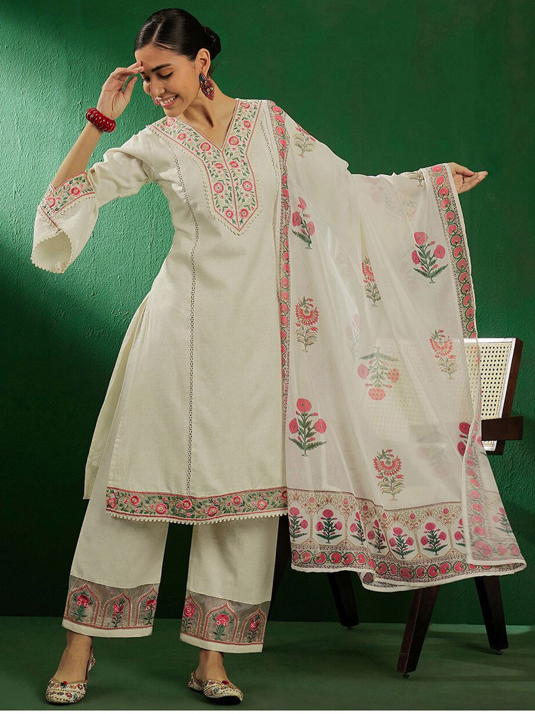 Sangria Off White Floral Embroidered Pure Cotton Kurta With Palazzo & Dupatta | Grocsy