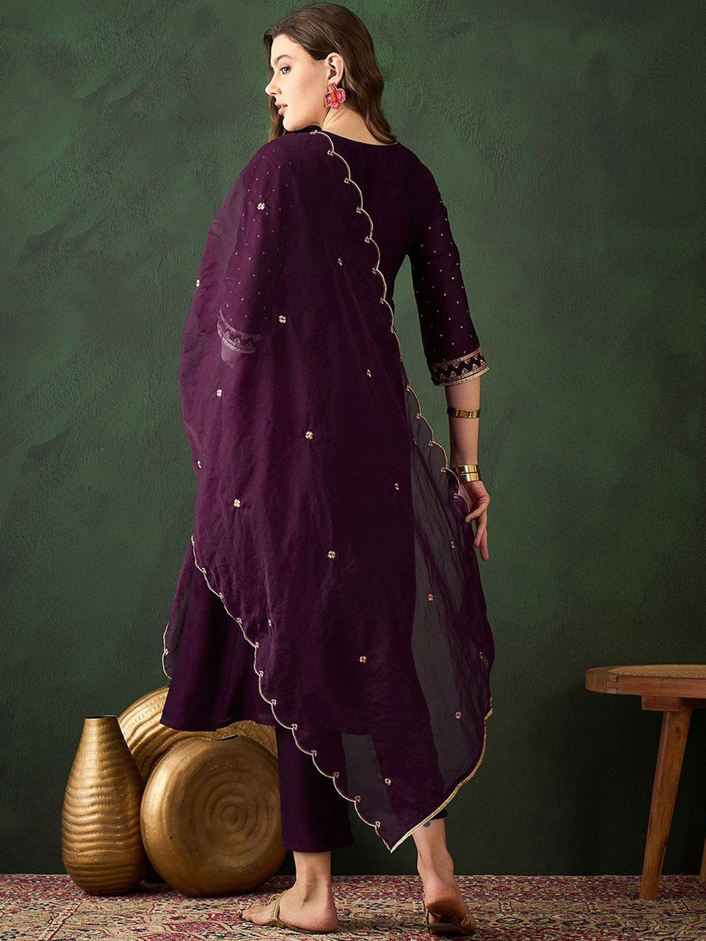 Sangria Floral Embroidered Kurta with Trouser & Dupatta | Grocsy