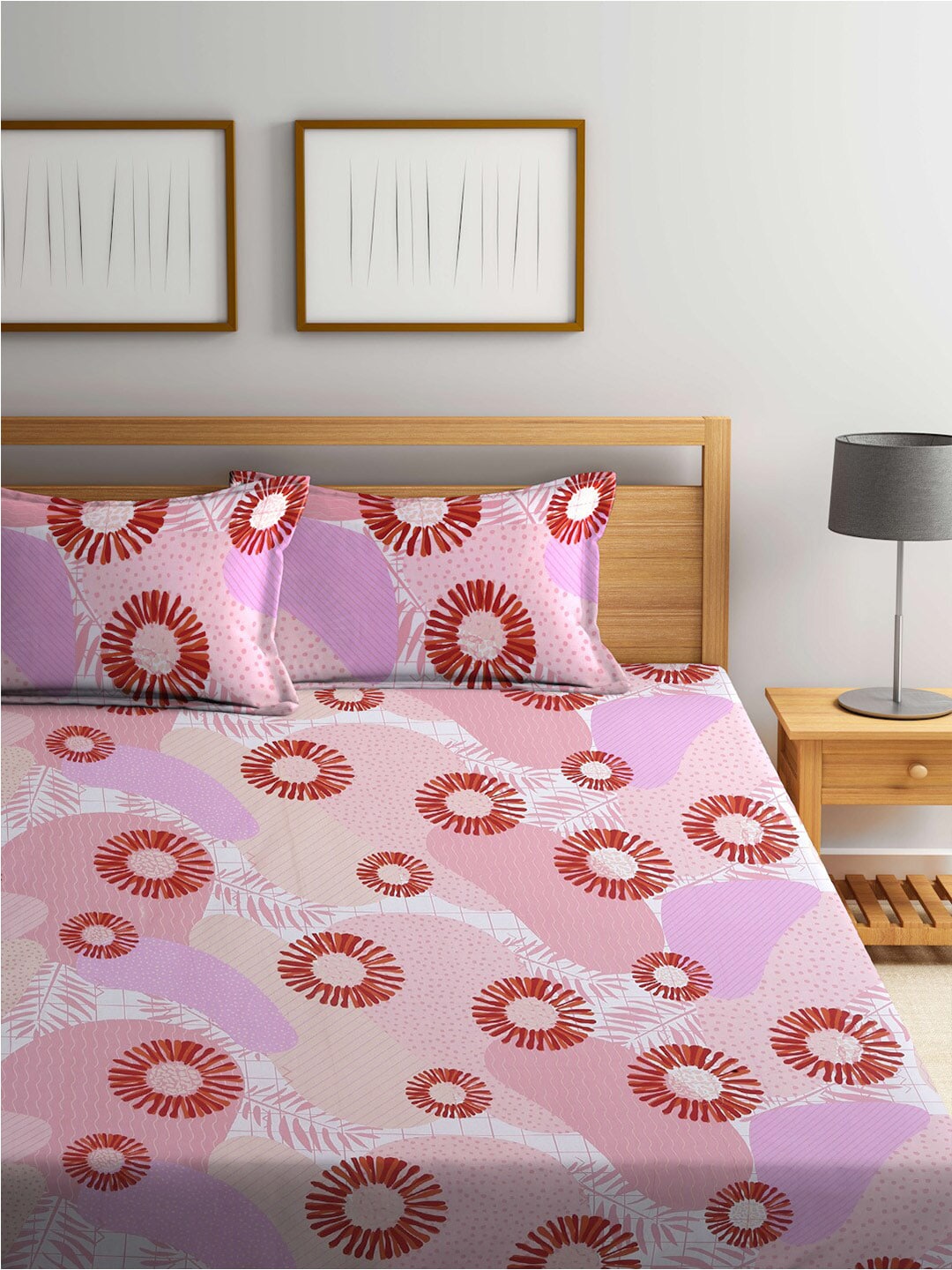 BOMBAY DYEING Serenita Pink Printed Cotton 144 TC Queen Bedsheet with 2 Pillow Covers | Grocsy